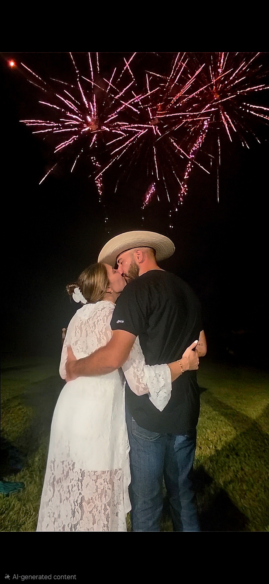 Couple kissing beneath pink fireworks bursting in a night sky
